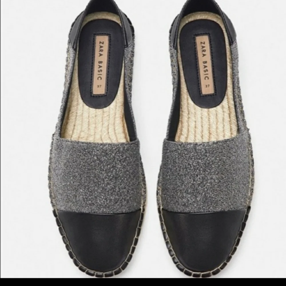 Zara Basic Collection Metallic Faux Leather Cap Toe Espadrills Silver Glitter 35